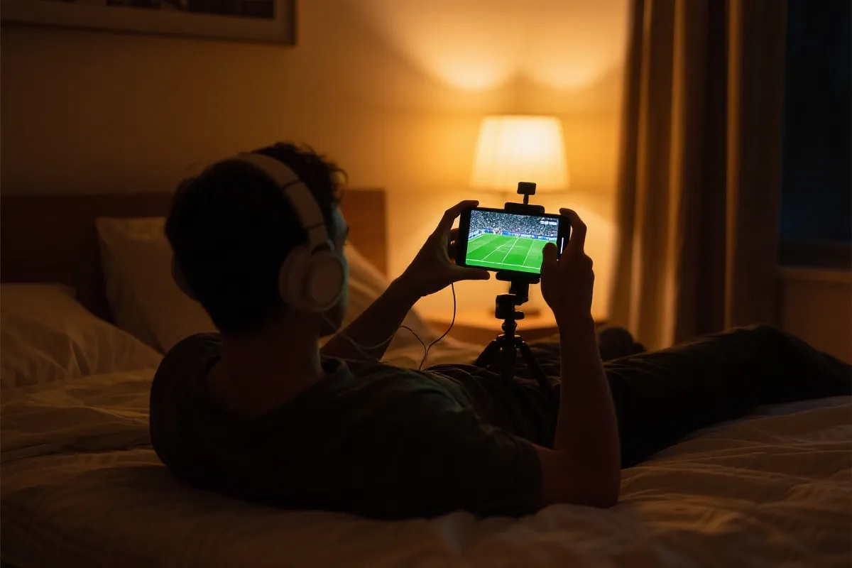 夜间在床上用手机横屏观看足球比赛，旁边有支架与耳机，画面柔和护眼的氛围图