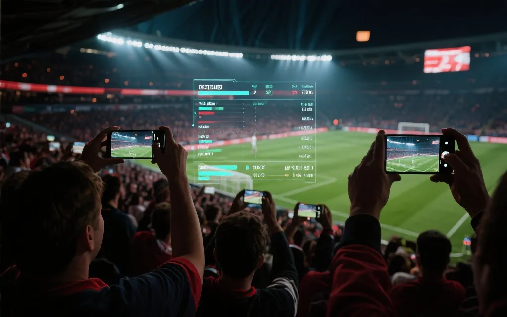 球迷在看台使用AR功能叠加实时数据与回放