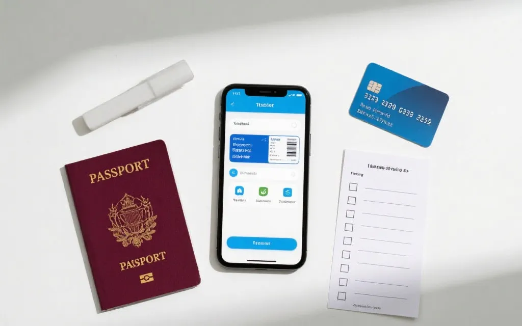 桌面上放着护照、手机、信用卡与行程清单，营造冷静规划的氛围